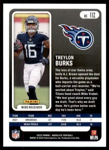 2022 Panini Absolute Treylon Burks rookie football card with original gloss and mint RC status