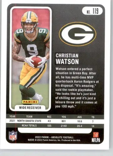 Original gloss Christian Watson football card from Panini Absolute 2022 Rookie Packers