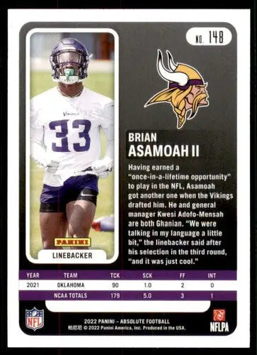 Original gloss Panini Absolute Brian Asamoah II football rookie card NM-MT