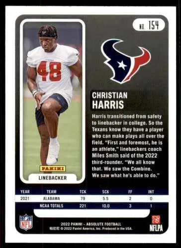 Christian Harris Panini Absolute 2022 rookie football card in original gloss NM near mint