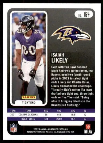 Isaiah Likely football card from Panini Absolute original gloss NM-MT RC Rookie Ravens