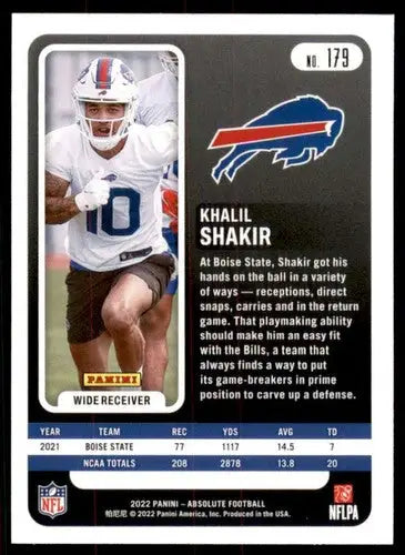 2022 Panini Absolute #179 Khalil Shakir NM-MT RC Rookie Bills ID:49260 - Football Card Single