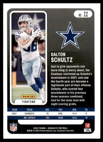 Original gloss Dalton Schultz football card from Panini Absolute 2022 Cowboys collectible