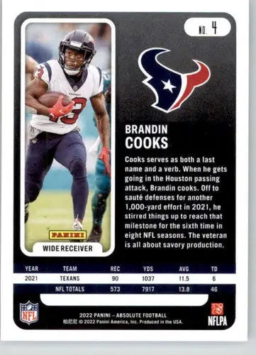 Panini Absolute Brandin Cooks football card with original gloss from 2022 Texans collection
