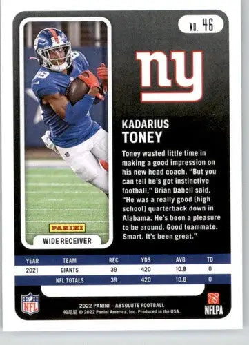 2022 Panini Absolute Kadarius Toney football card with original gloss NY Giants NM-MT