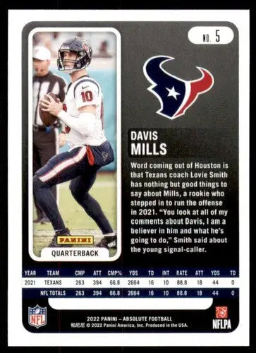 Davis Mills football card from Panini Absolute 2022 with original gloss Texans ID 52268