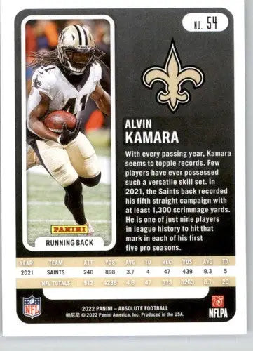 Original gloss Panini Absolute Alvin Kamara football card from 2022 Panini Absolute collection