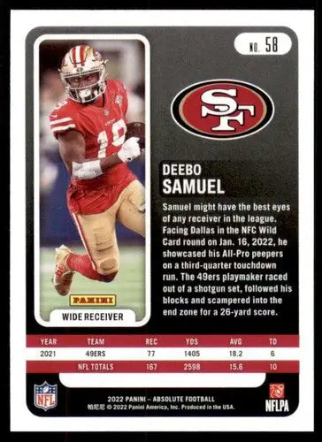 Deebo Samuel football card from Panini Absolute 2022 with original gloss in NM-MT condition