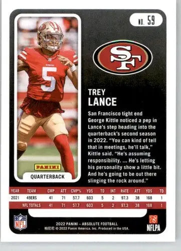 2022 Panini Absolute Trey Lance football card with original gloss NM-MT NFL collectible