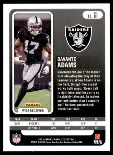 Davante Adams football card from Panini Absolute 2022 in NM Near Mint condition