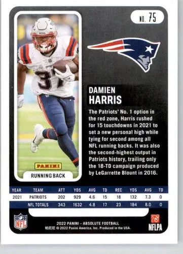 Damien Harris football card from Panini Absolute 2022 with original gloss Patriots