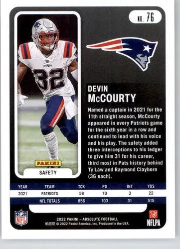 Devin McCourty football card from Panini Absolute 2022 with original gloss Patriots ID