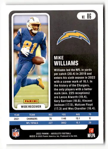 Original gloss Panini Absolute Mike Williams football card LA Chargers 2022