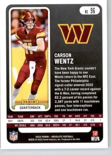 2022 Panini Absolute #96 Carson Wentz NM Near Mint Commanders ID:66979 - Football Card Single