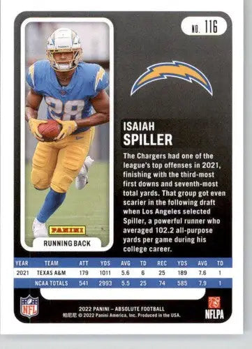 2022 Panini Absolute Green Isaiah Spiller football card original gloss rookie LA Charg ID 50475