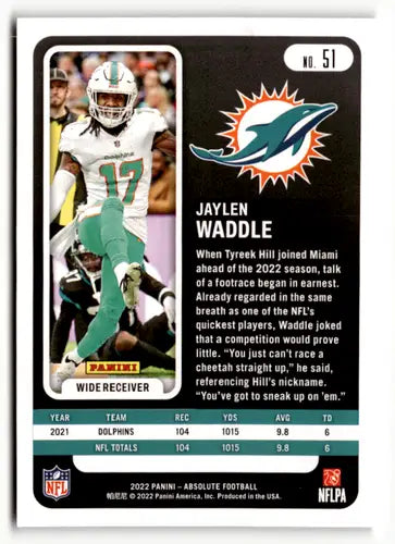 Original gloss Panini Absolute Green Jaylen Waddle football card from 2022 Panini Absolute series