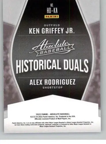 Baseball card from Panini Absolute Historical Duals featuring Alex Rodriguez and Ken Grif