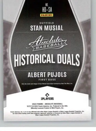 Baseball card featuring Stan Musial and Albert Pujols from Panini Absolute Historical Duals