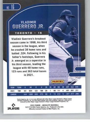 Baseball card back showing original gloss for 2022 Panini Absolute Retail Vladimir Guerrero Jr