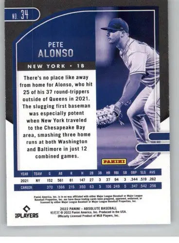 Original gloss Pete Alonso baseball card from Panini Absolute 2022 retail series