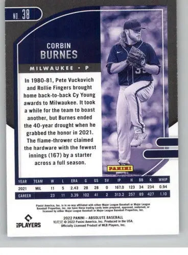 2022 Panini Absolute Retail #38 Corbin Burnes NM-MT Brewers ID:52359 - Baseball Card Single
