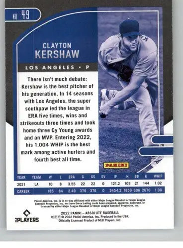 2022 Panini Absolute Retail #49 Clayton Kershaw NM-MT Dodgers ID:52356 - Baseball Card Single