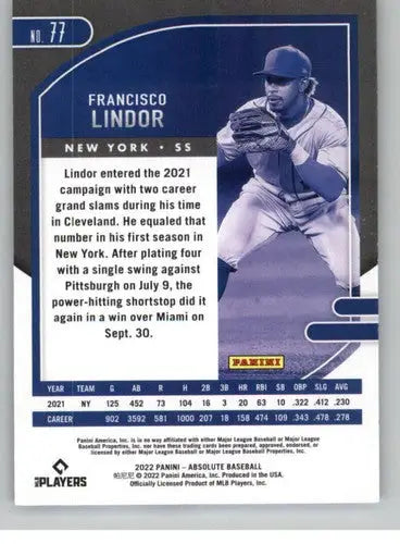Original gloss of 2022 Panini Absolute Retail Francisco Lindor baseball card