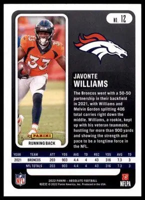 2022 Panini Absolute - Retail Javonte Williams 12 Denver Broncos - Football Card Single