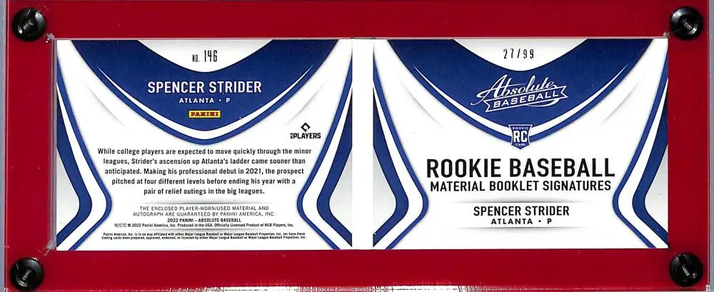 2022 Panini Absolute Rookie Material Booklet #146 Spencer Strider NM-MT RC Rookie MEM Auto 27/99 - Baseball Card Single