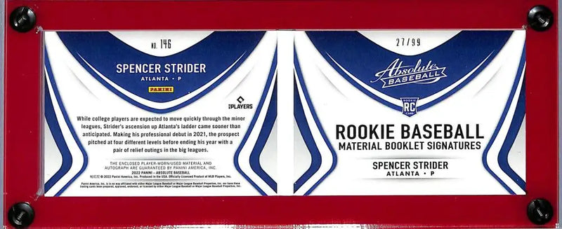 2022 Panini Absolute Rookie Material Booklet #146 Spencer Strider NM-MT RC Rookie MEM Auto 27/99 - Baseball Card Single