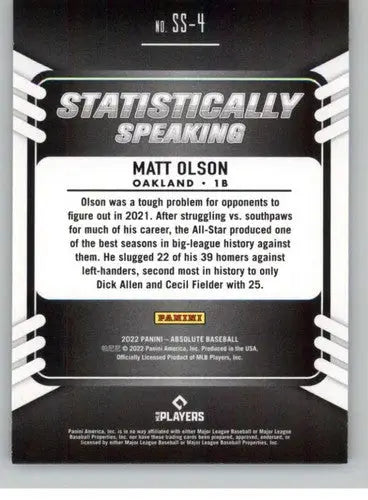Baseball card back showcasing original gloss on 2022 Panini Absolute Statistically Speaking Matt Olson ID 52340