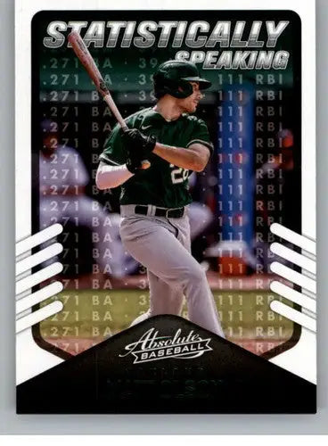 Baseball card featuring batter Matt Olson from 2022 Panini Absolute Statistically Speaking retail green