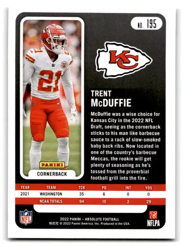2022 Panini Absolute Yellow Trent McDuffie rookie football card in near mint condition