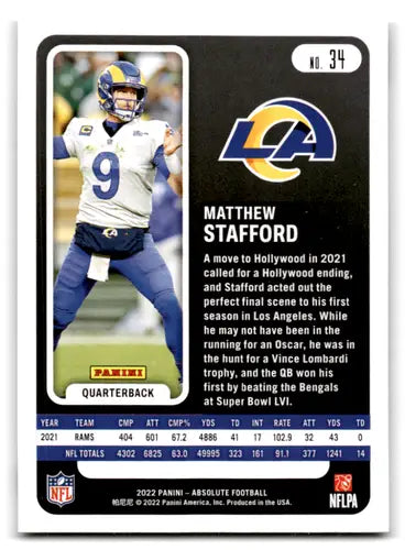 Matthew Stafford football card from Panini Absolute Yellow set in near mint condition