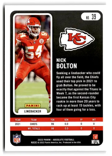 2022 Panini Absolute Yellow Nick Bolton football card near mint Chiefs ID:66957