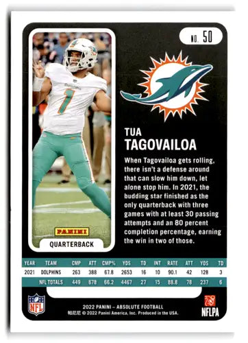 Tua Tagovailoa football card from Panini Absolute Yellow 2022 Dolphins product