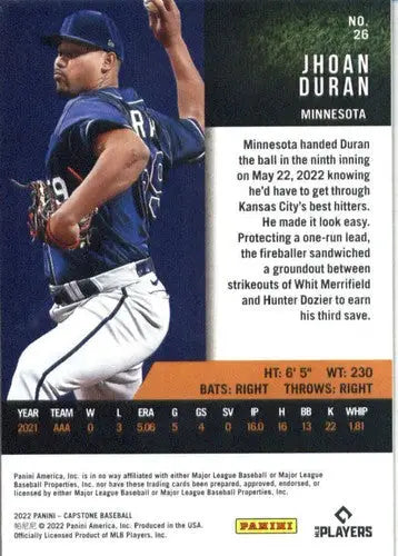 Original gloss Panini Capstone Jhoan Duran baseball card 2022 Twins NM-MT