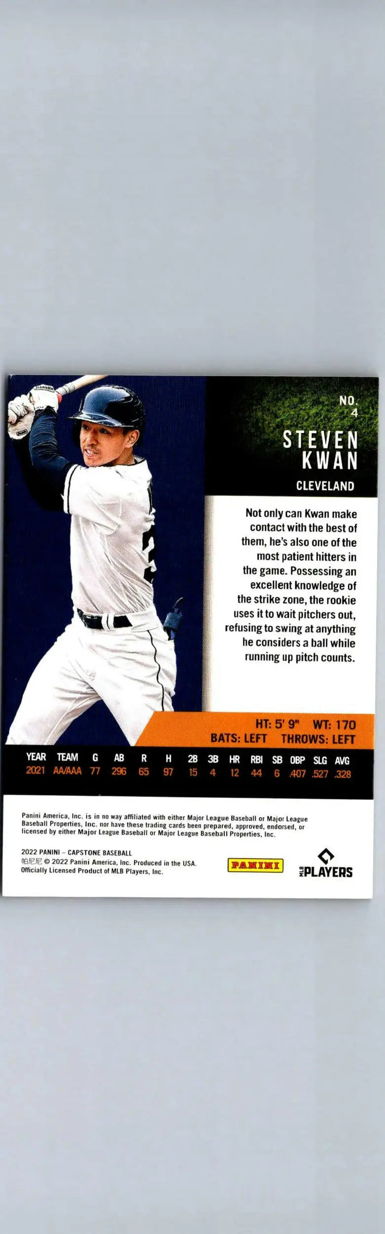 Steven Kwan baseball card from 2022 Panini Capstone showing Steven Kwan Blue kwan blue design