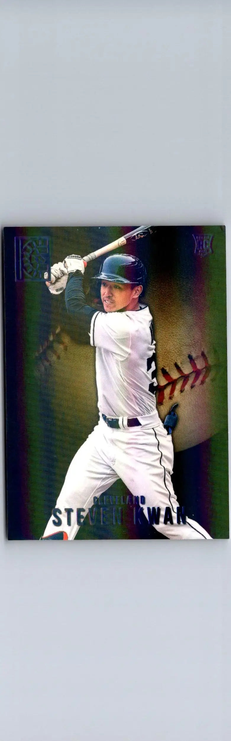 Baseball card of Steven Kwan swinging bat from 2022 Panini Capstone Kwan Blue series