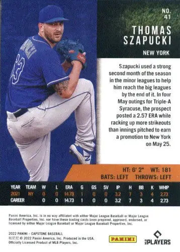 Baseball card featuring Thomas Szapucki from Panini Capstone 2022 NM-MT Mets