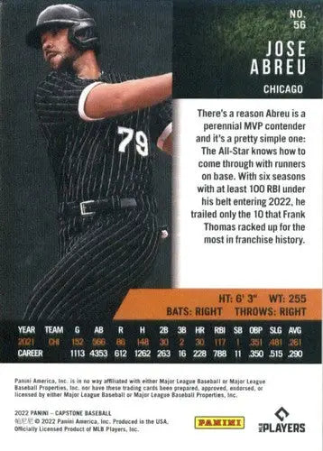 Baseball card back from 2022 Panini Capstone Jose Abreu White Sox with original gloss