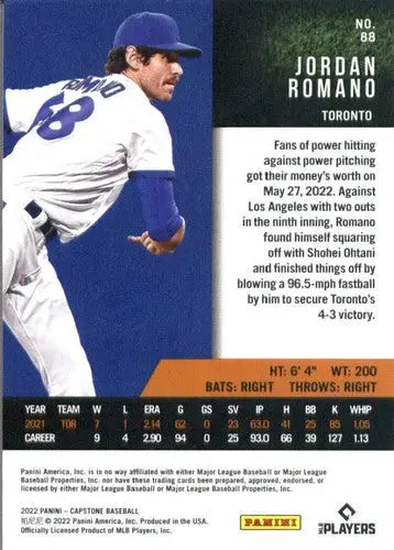 Jordan Romano baseball card from Panini Capstone with original gloss displayed