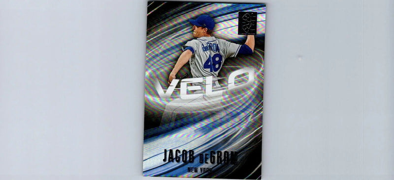 Baseball trading card featuring Jacob deGrom Velo Holo Platinum Blue 1/1