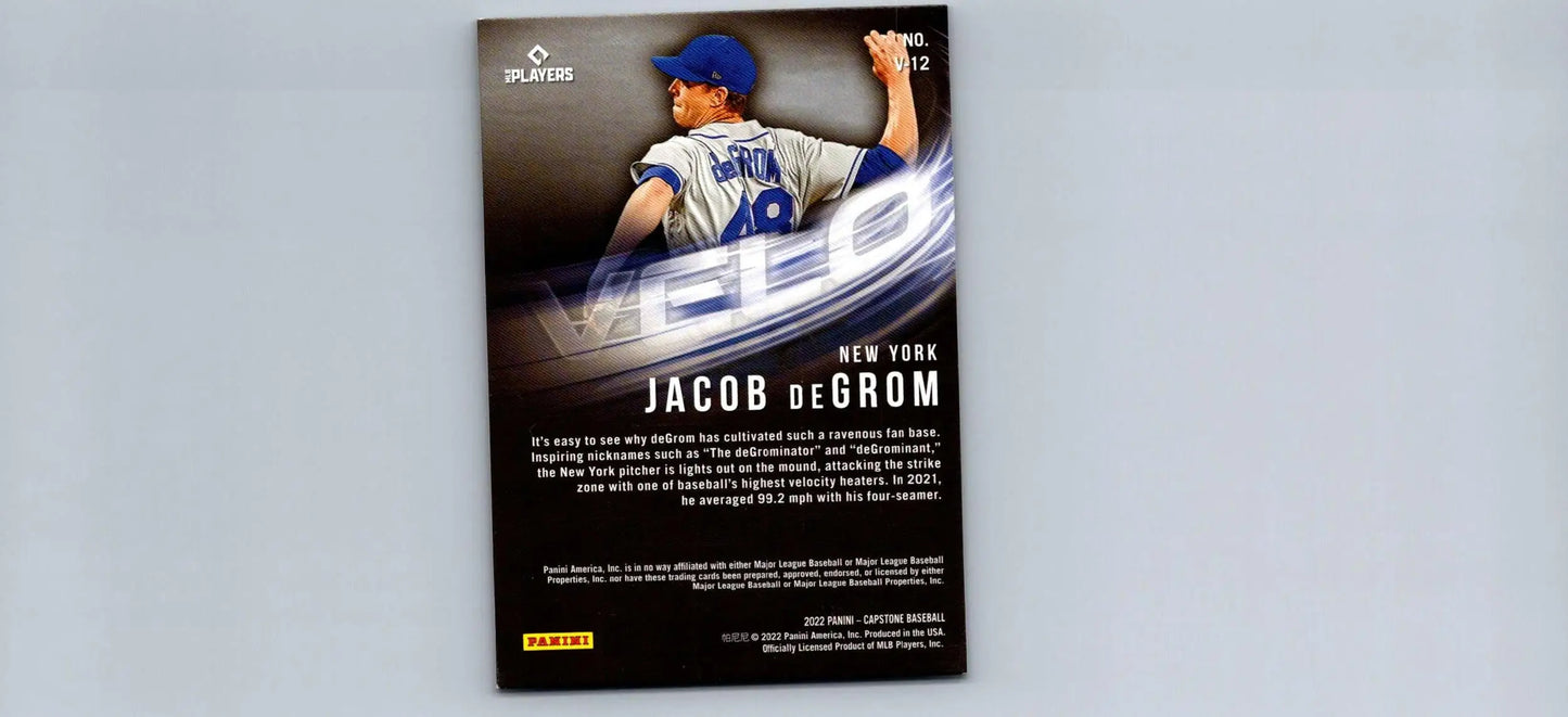 Baseball trading card featuring Jacob deGrom Velo Holo Platinum Blue from 2022 Panini Capstone