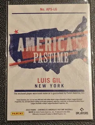 2022 Panini Chronicles #APS-LG Luis Gil America’s Pastime Swatches - Baseball Card Single