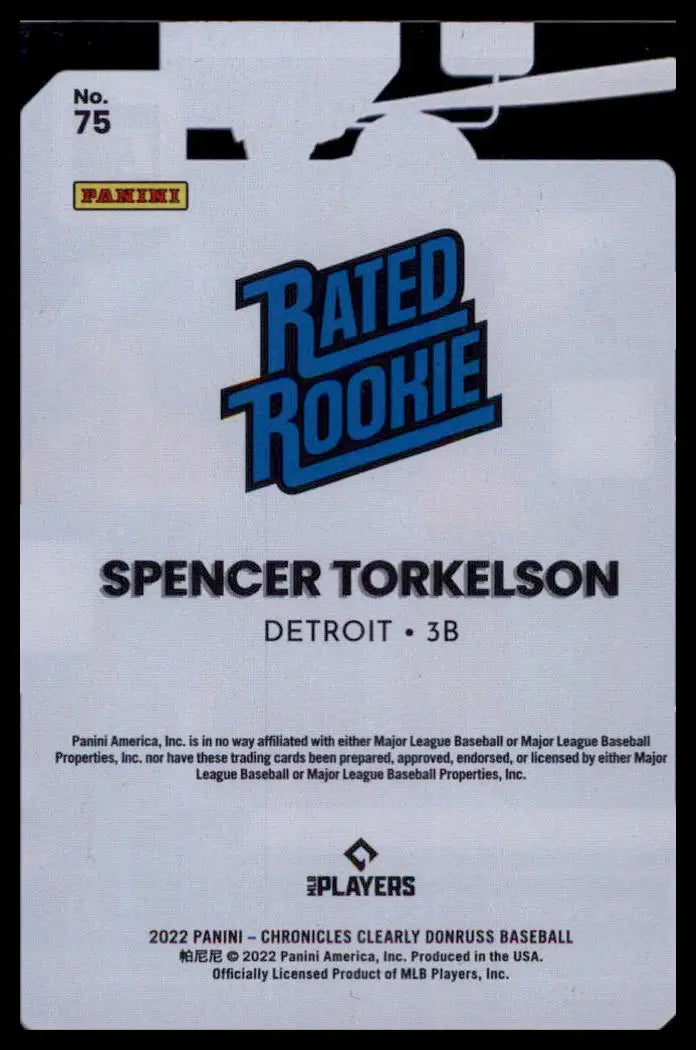 2022 Panini Chronicles - Clearly Donruss Spencer Torkelson 75 Detroit Tigers NM - Baseball Card Single