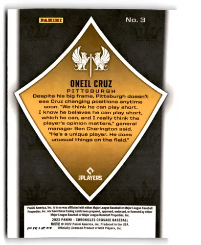 Original gloss baseball card from Panini Chronicles Crusade Holo series featuring Oneil Cruz