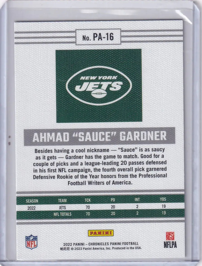 2022 Panini Chronicles #PA-16 Ahmad Sauce Gardner - New York Jets - Football Card Single