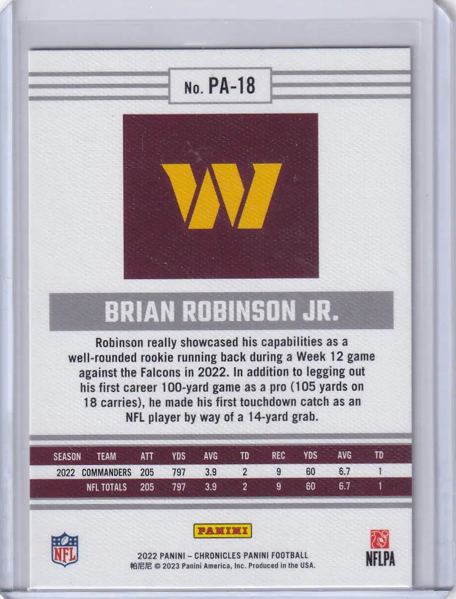 2022 Panini Chronicles #PA-18 Brian Robinson Jr. - Washington Commanders - Football Card Single