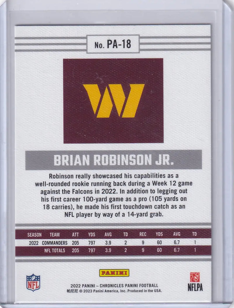 2022 Panini Chronicles #PA-18 Brian Robinson Jr. - Washington Commanders - Football Card Single